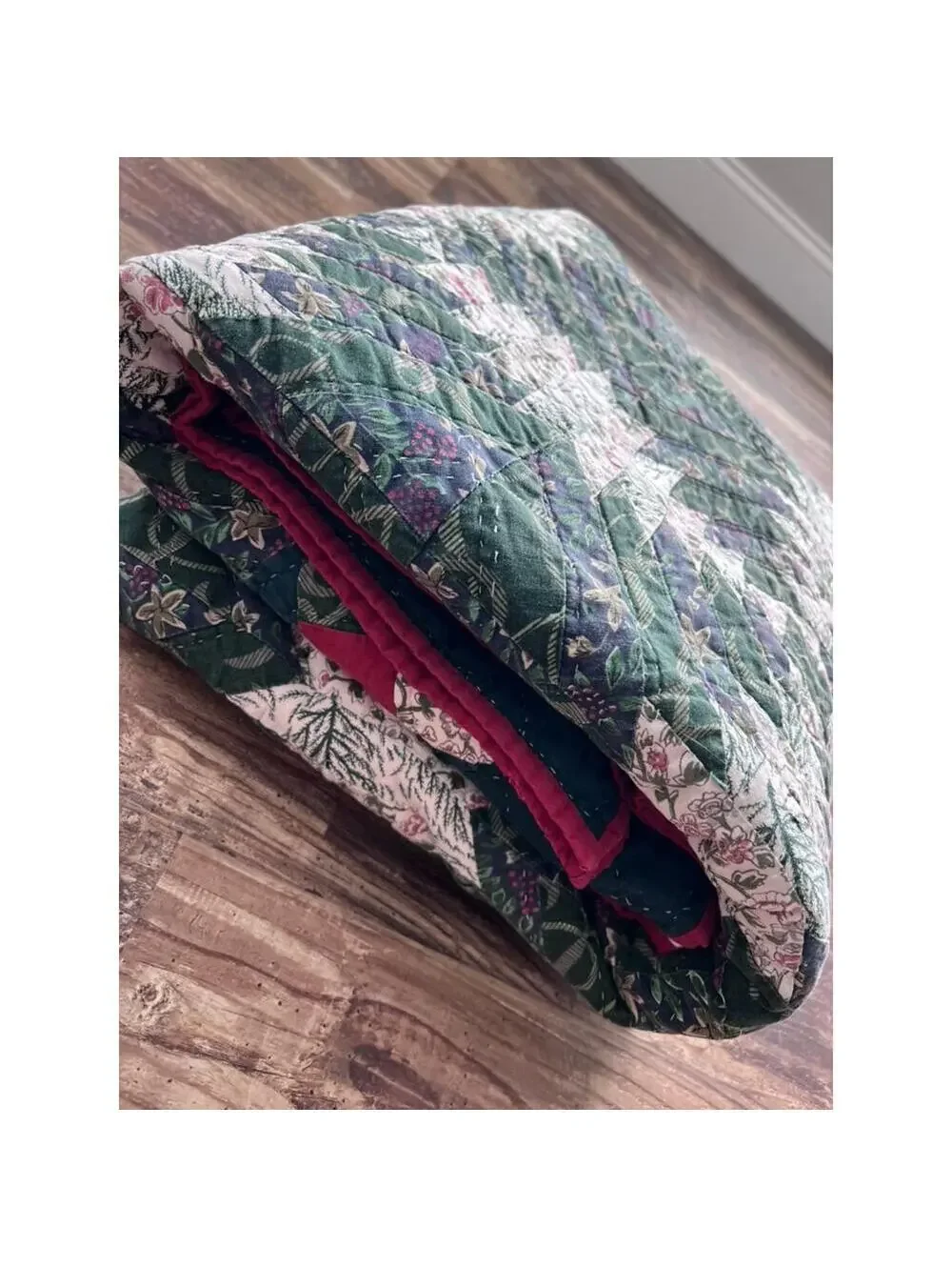 Vintage Handmade Pineapple Patchwork Quilt, 82 x 82 Green Floral Bedspread
